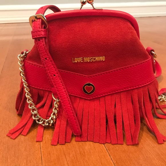 Love Moschino Handbags - Moschino red suede mini cross body bag with fringe